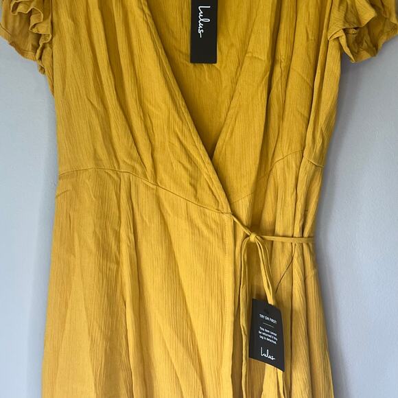 NWT! Lulus Mustard Yellow Short Sleeve Wrap Dress Size Small - Picture 6 of 12
